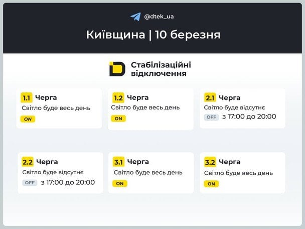Графіки відключення світла 10 березня: де та коли не буде електроенергії