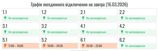 Відключення світла 16&nbsp;березня: актуальні графіки для всіх областей