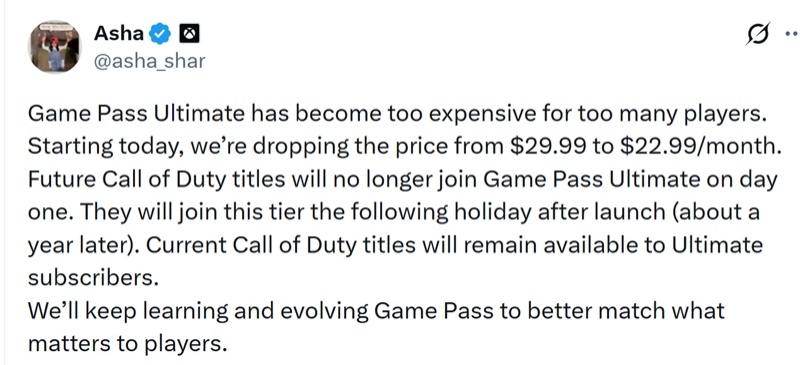 Дешевше, але без Call of Duty: Microsoft оголосила про зміну цінової політики Xbox Game Pass
