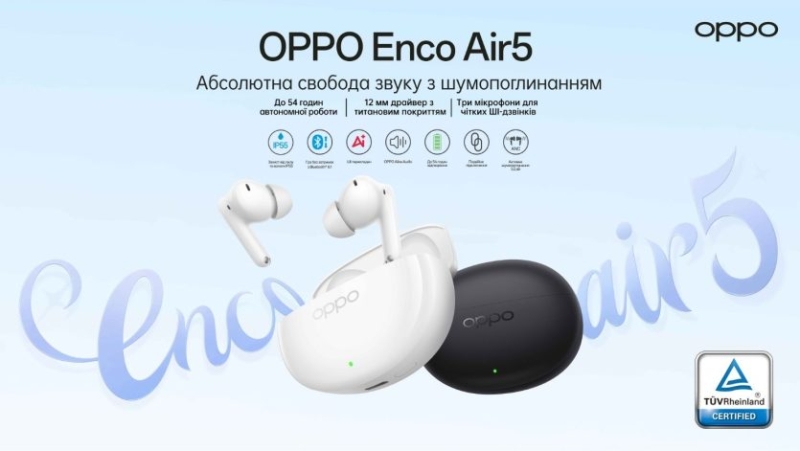 OPPO Enco Air5 вийшли в Україні: активне шумозаглушення до 52 дБ і 54 години автономності